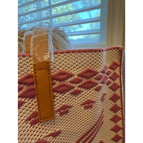Women's Knitted Textured Tote Bag with Crochet Design Pink | SAME DAY SHIP - Picture 3 of 4